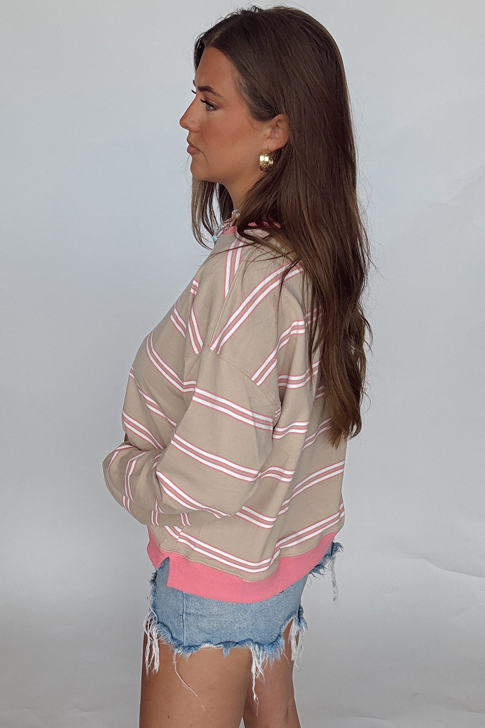 Khaki Stripe Contrast Trim Baggy Pullover Sweatshirt