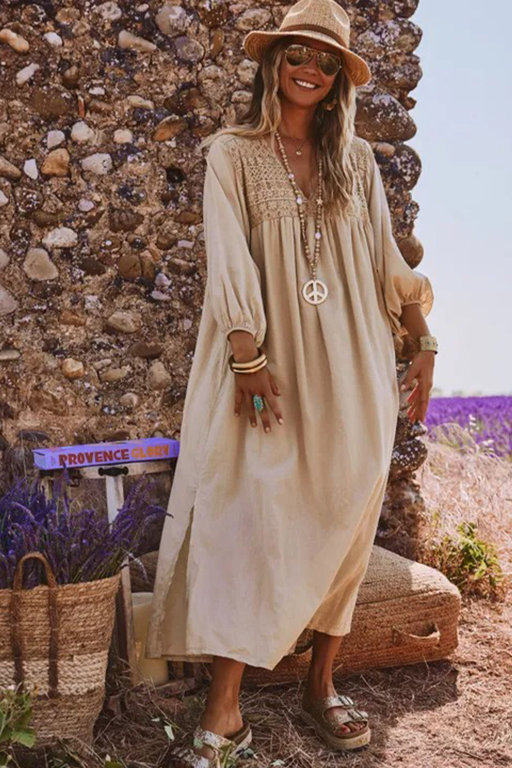 Jet Stream V Neck Lace Patchwork 3/4 Sleeve Long Shift Dress