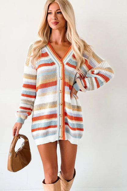 Orange Striped Knit Button V Neck Tunic Sweater Cardigan