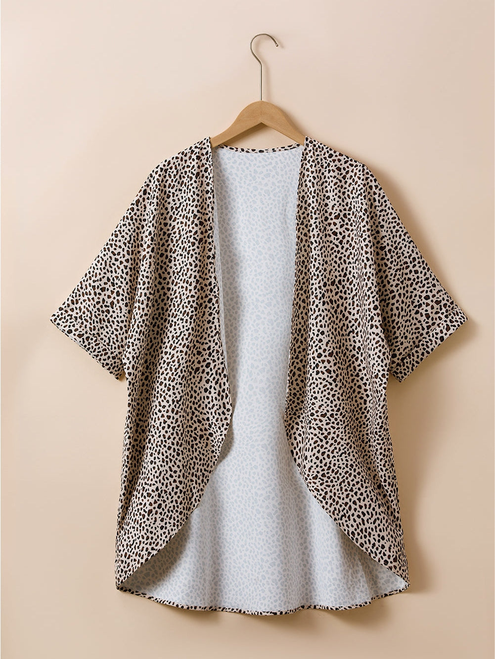 Leopard Print Khaki Plus Size Open Front Cardigan with Half Sleeves