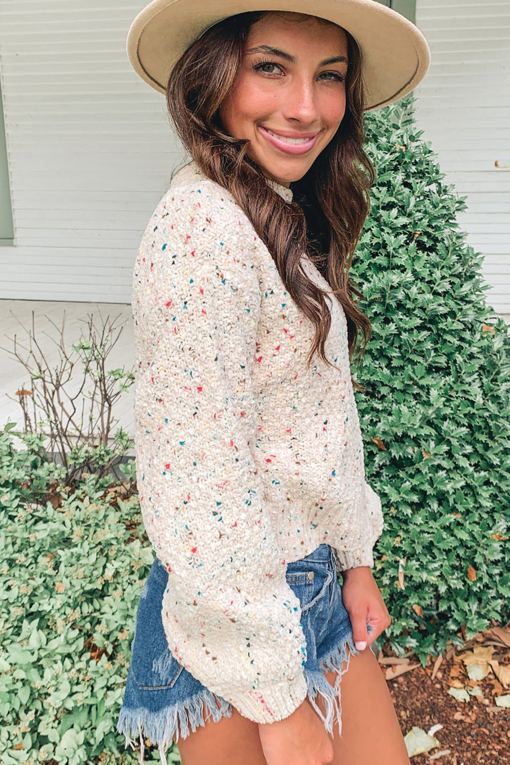 Apricot Confetti Print Long Puff Sleeve Sweater