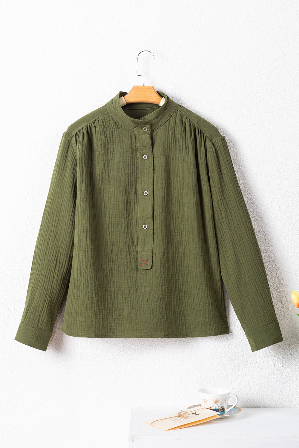 Green Crinkle Textured Button Front Jungle Shirt