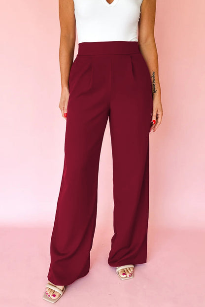 Burgundy Pleated Detail Pull On High Elastic Waist Loose Straight Pants