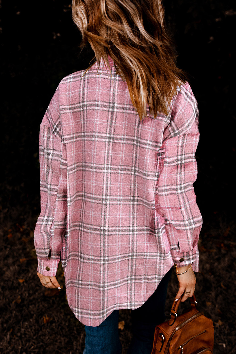 Pink Plaid Pattern Buttoned Shirt Coat with Slits