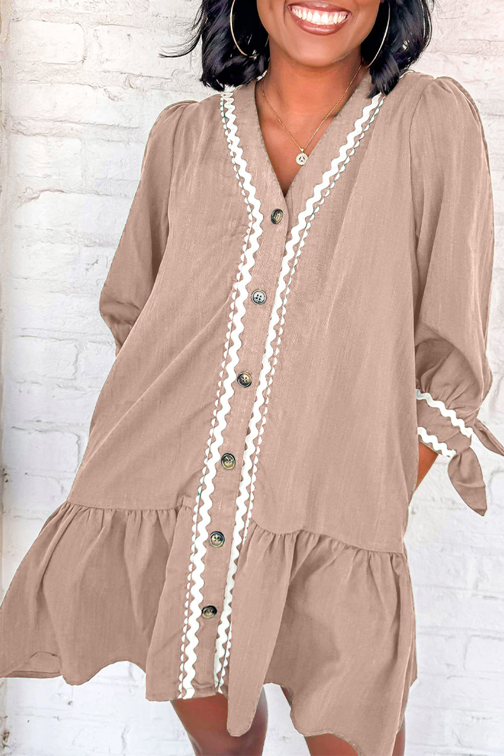 Smoke Gray Contrast Ricrac Trim Button V Neck Knotted Bracelet Sleeve Shift Dress