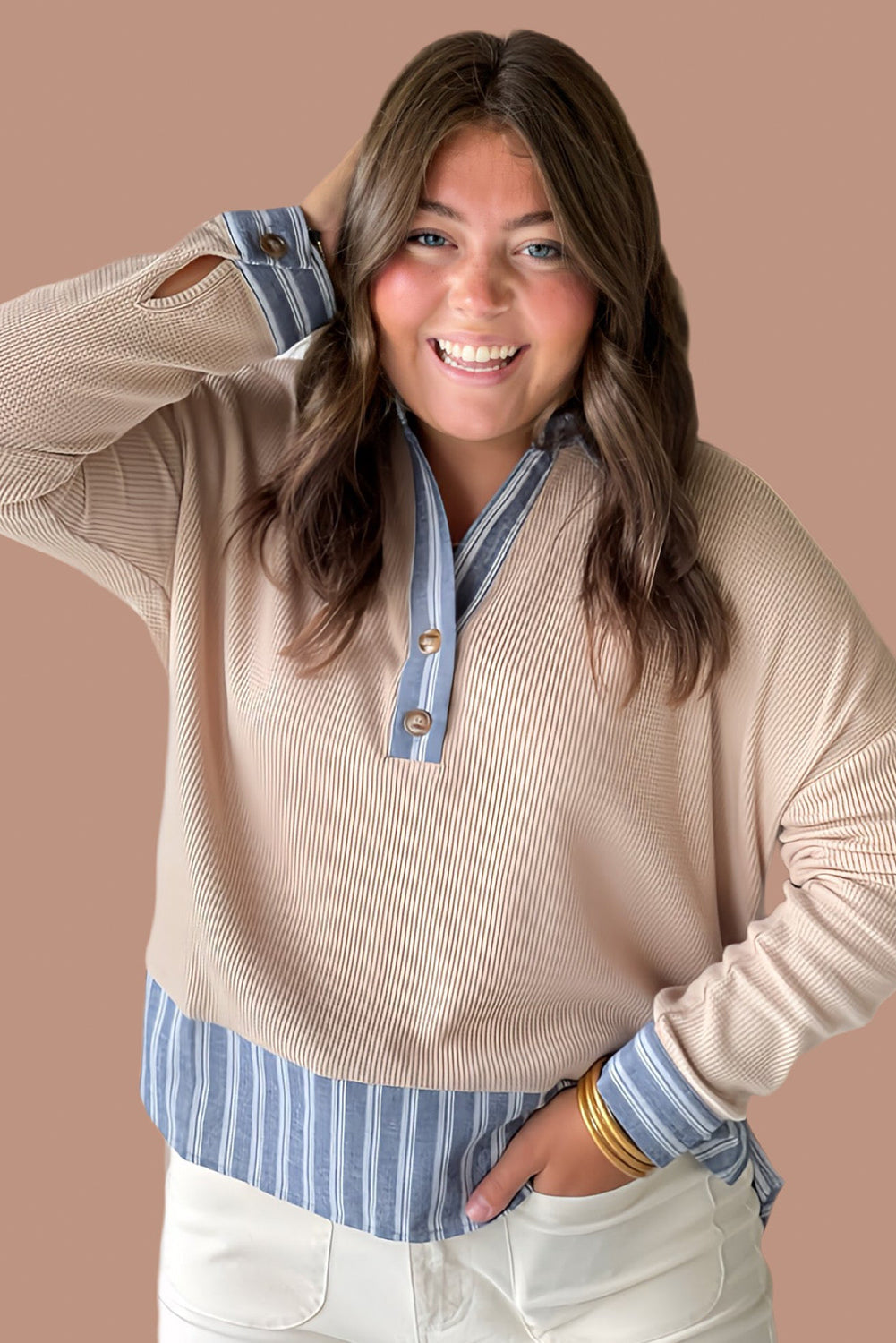 Parchment Plus Size Waffle Stripe Patchwork Shirt Collar Long Sleeve Top