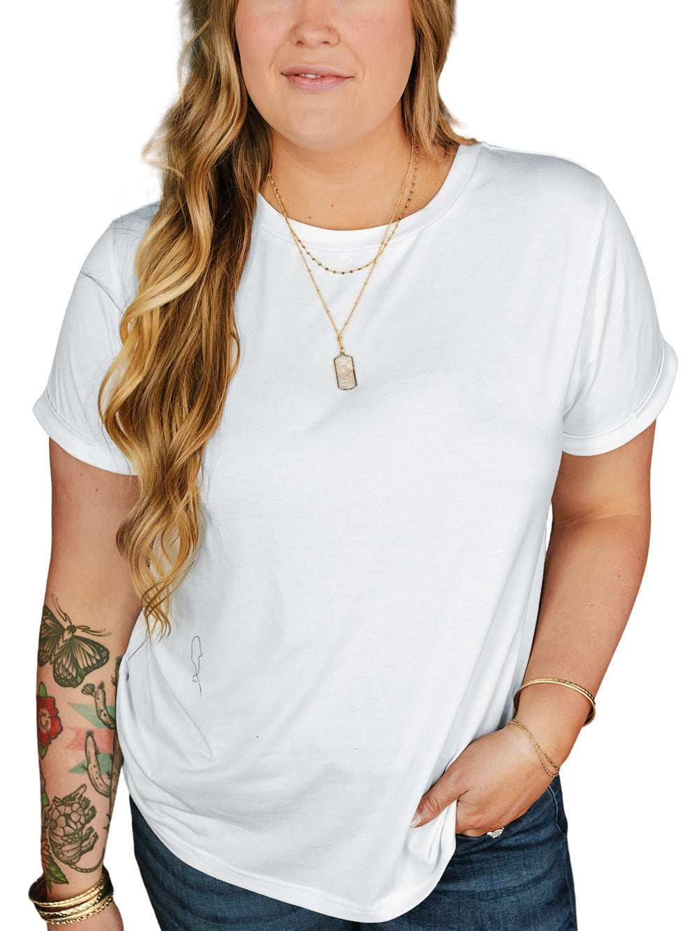 Stylish White Rolled Sleeve Plus Size Tee