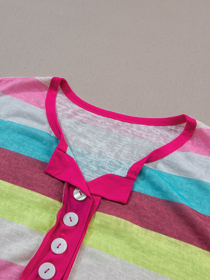 Rose Stripe Plus Size Textured Knit Short Sleeve Henley Top