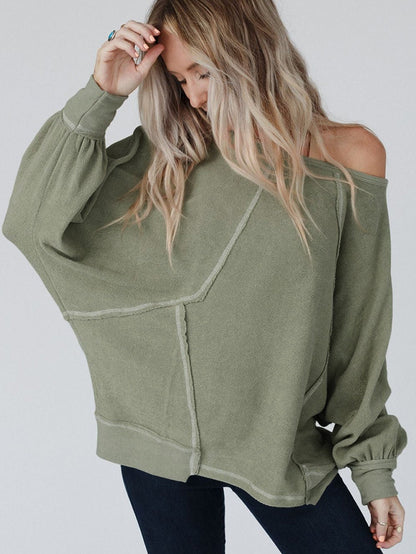 Green Exposed Stitch Detail Dolman Sleeve Patchwork Blouse