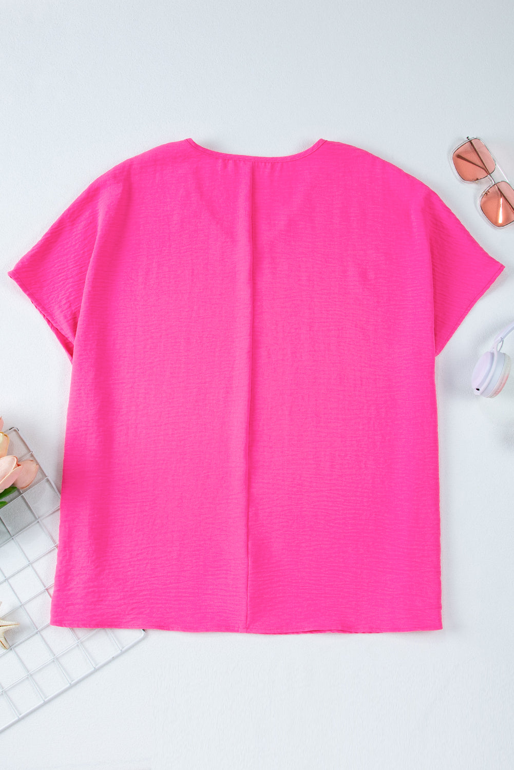 Red Rose Crinkled V-Neck Plus Size Top with Short Sleeves