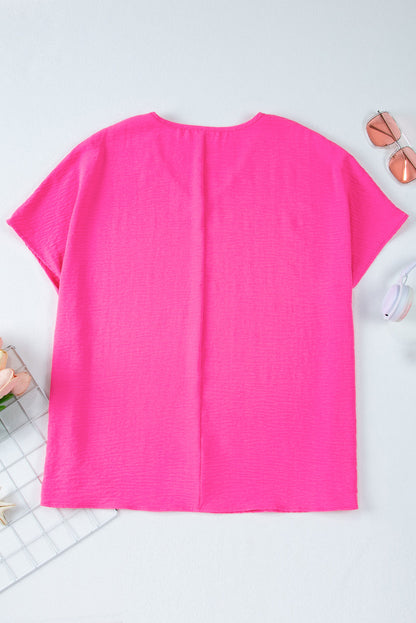 Red Rose Crinkled V-Neck Plus Size Top with Short Sleeves