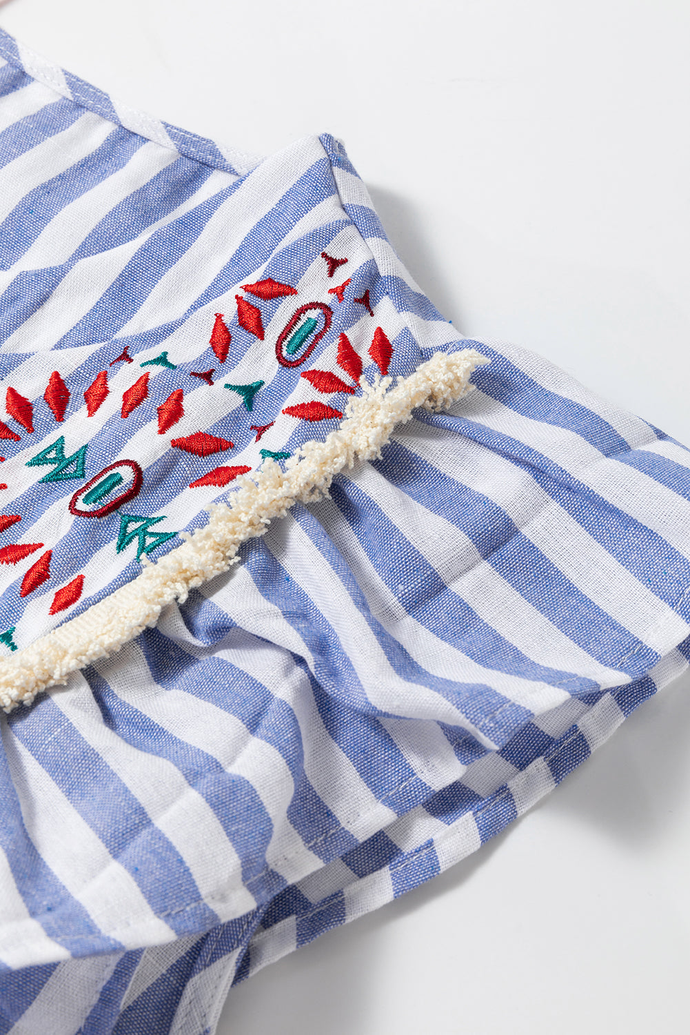 Sky Blue Embroidered Tassel Detail Striped Ruffle Sleeve Plus Blouse