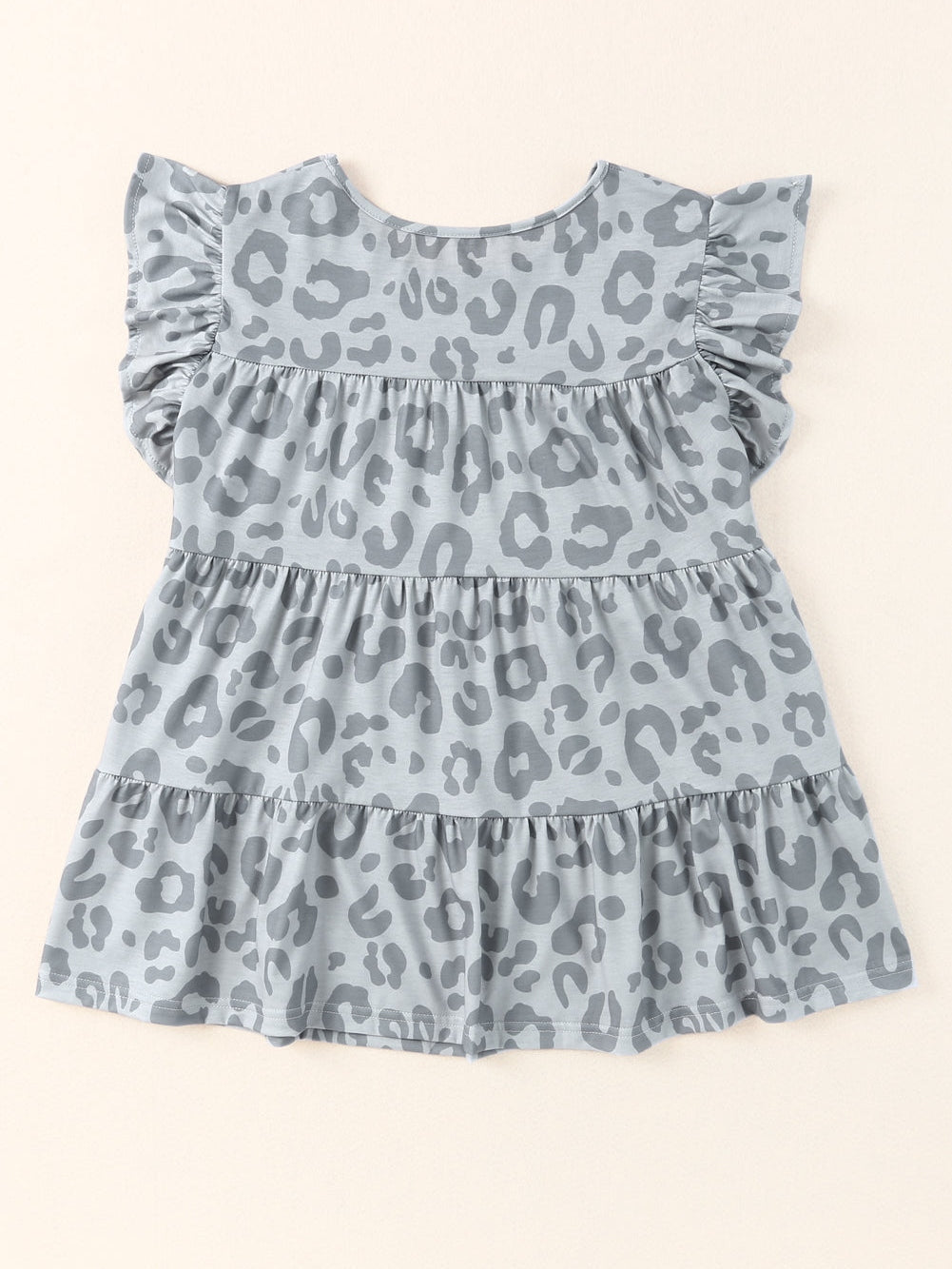 Gray Leopard Pattern Ruffle Sleeve Tiered Tank Top