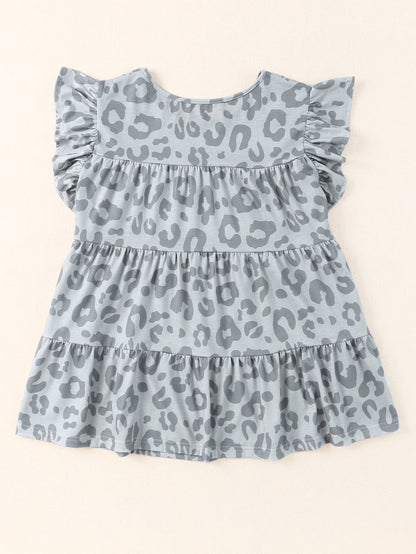 Gray Leopard Pattern Ruffle Sleeve Tiered Tank Top