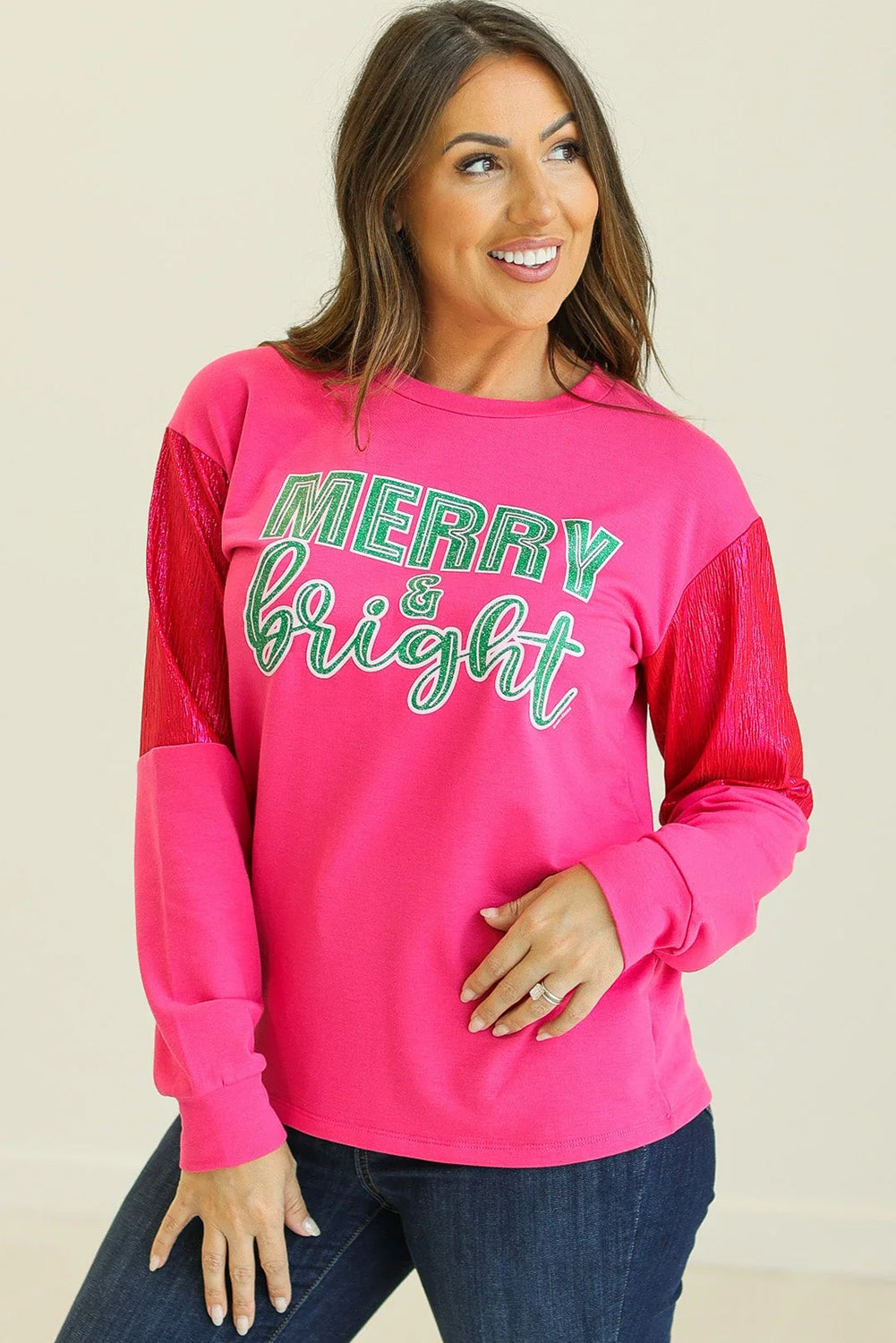 Rose Red MERRY & bright Sleek Sleeve Patchwork Casual Top