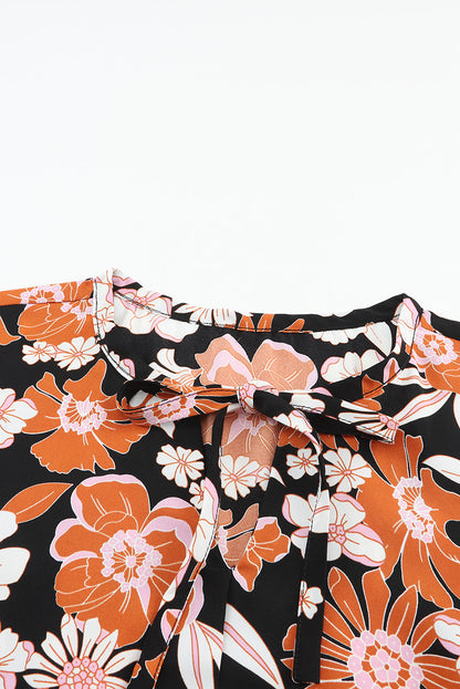 Elegant Brown Floral Babydoll Blouse with Tie Neck