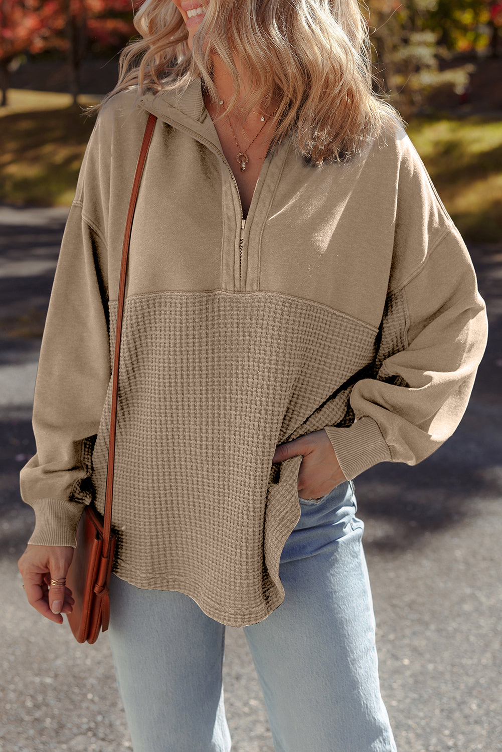 Parchment Waffle Knit Patchwork Half Zipped Casual Sweatshirt