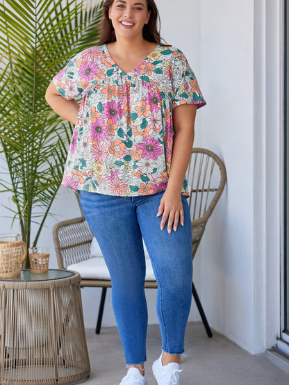 Summer Blossom V Neck Plus Size Blouse for Women