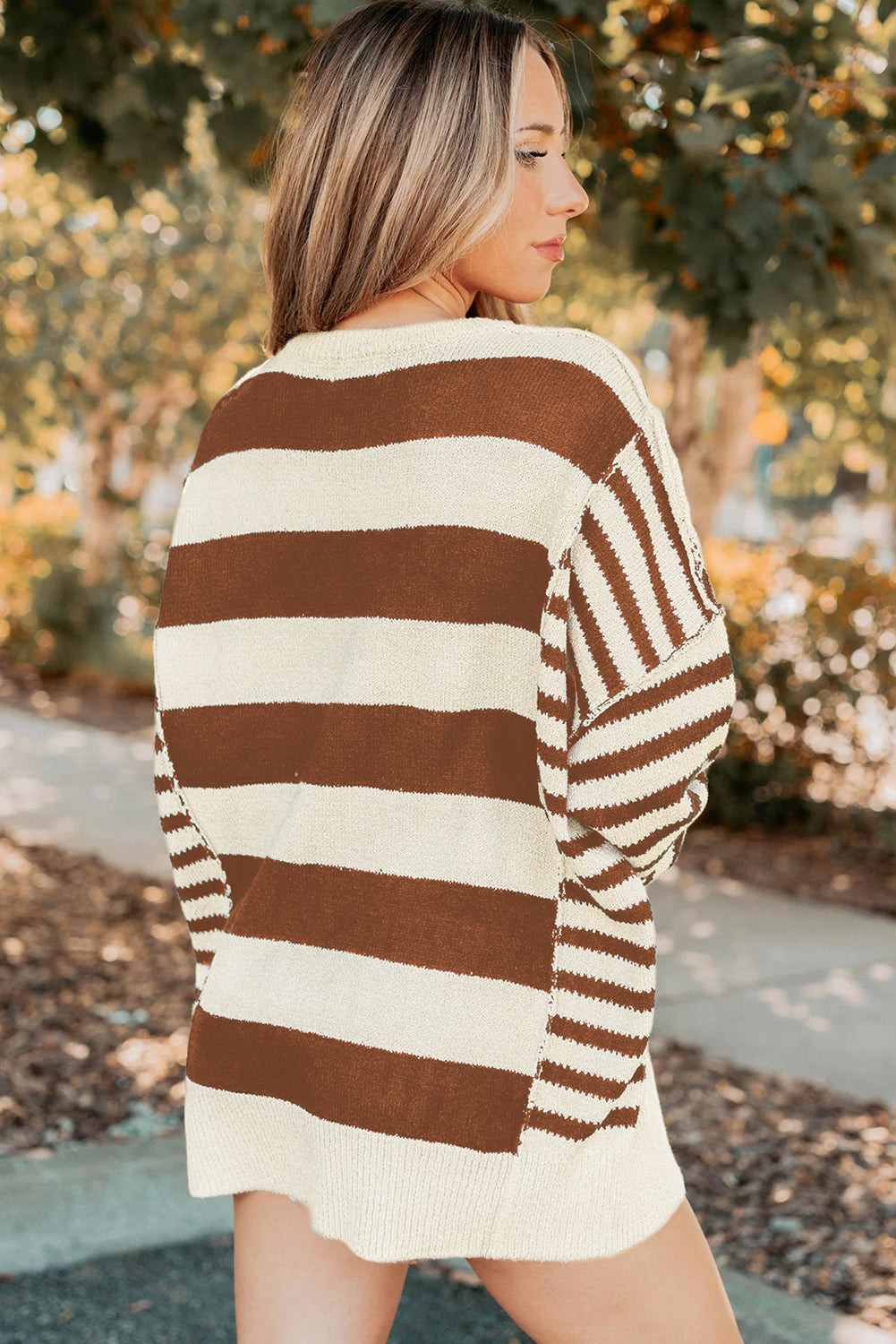 Brown Stripe Drop Shoulder Sleeve Patchwork Baggy Sweater