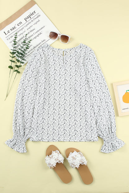 Floral Print Bubble Sleeve Black Blouse with Crinkle Texture