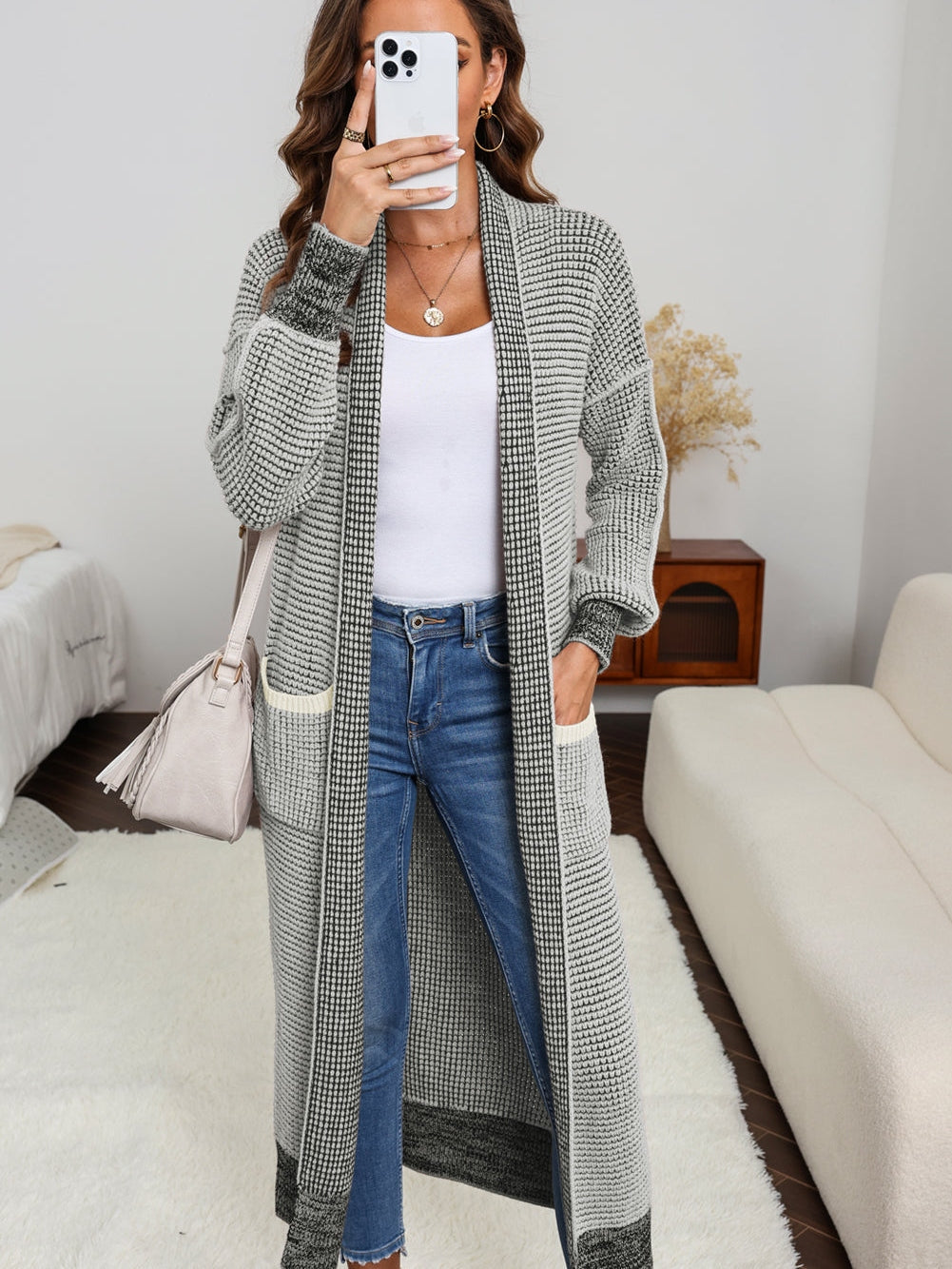 Gray Knit Textured Longline Cardigan with Pockets