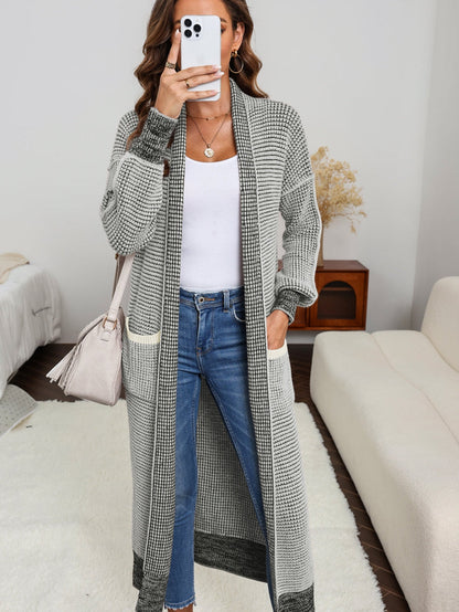 Gray Knit Textured Longline Cardigan with Pockets