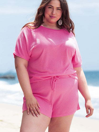 Rose Red Solid Waffle Knit Plus Size Two Piece Set