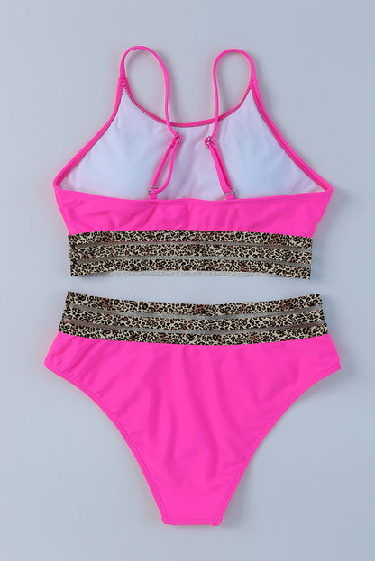 Leopard Mesh Trim Rosy Bikini Set with High Waist Bottom