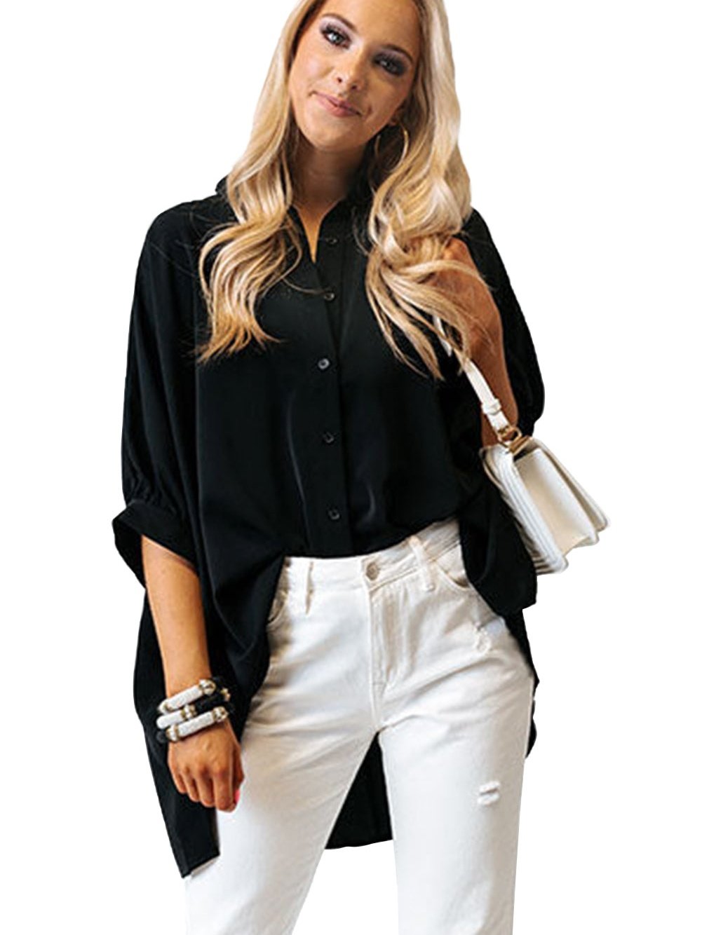 Satin Commute Solid Color V Neck Long Sleeved Blouse