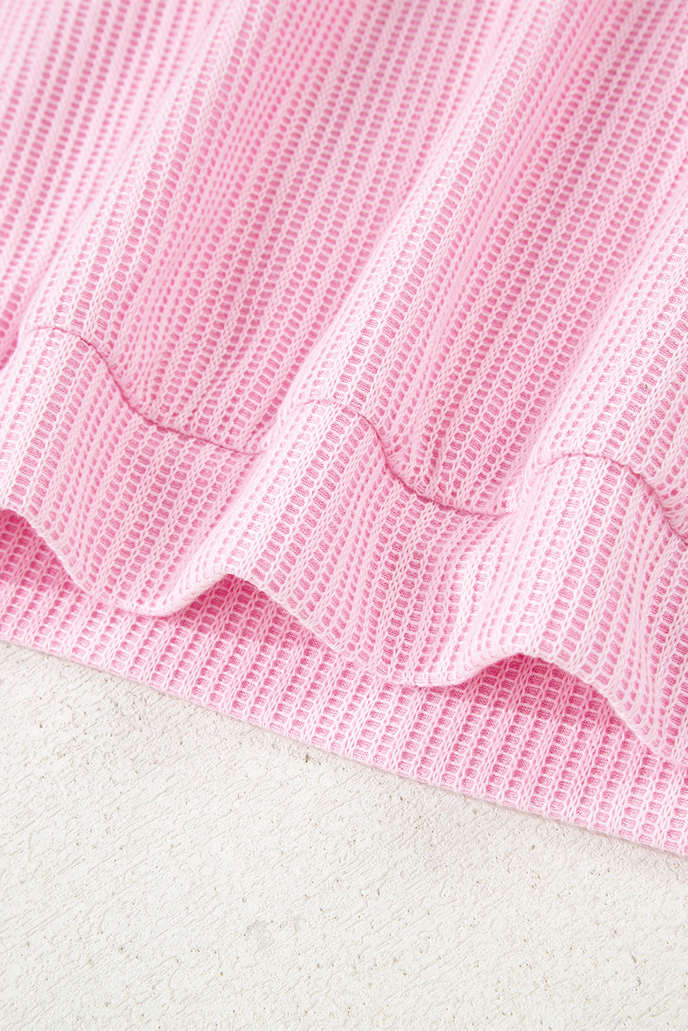 Pink Textured Knit Color Block Patchwork Button Neck Long Sleeve Top