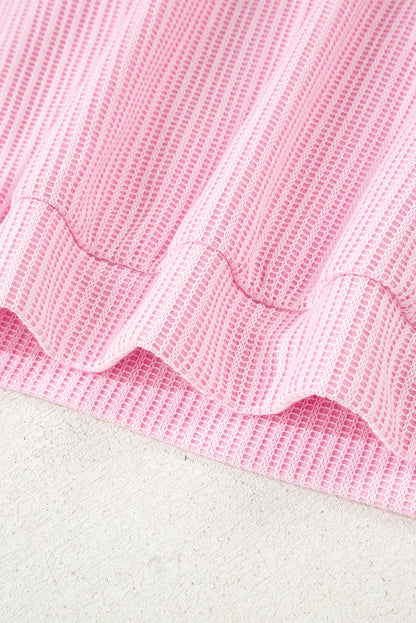 Pink Textured Knit Color Block Patchwork Button Neck Long Sleeve Top