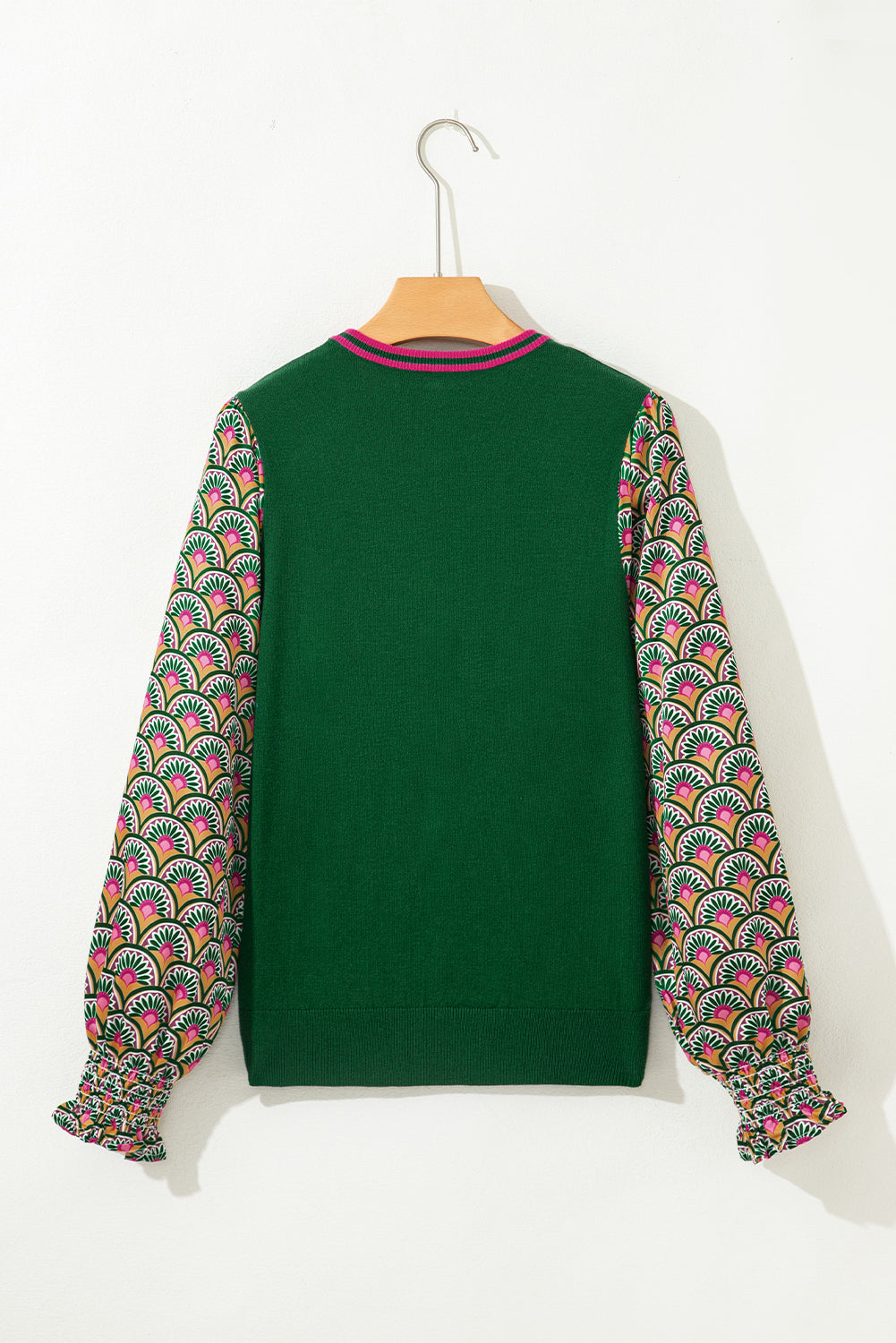 Blackish Green Plus Size Contrast Trim Round Neck Boho Printed Long Sleeve Patchwork Top