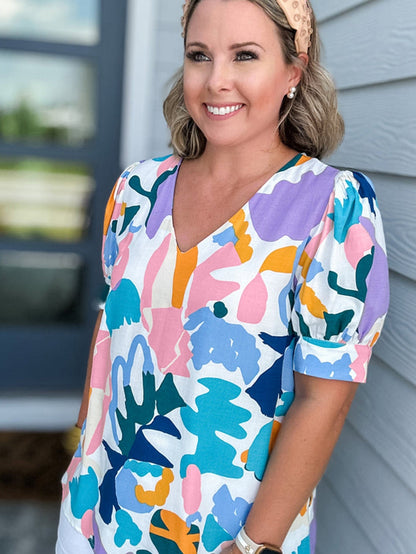 Sky Blue Geometric Print Puff Sleeve V Neck Top for Curvy Fashionistas