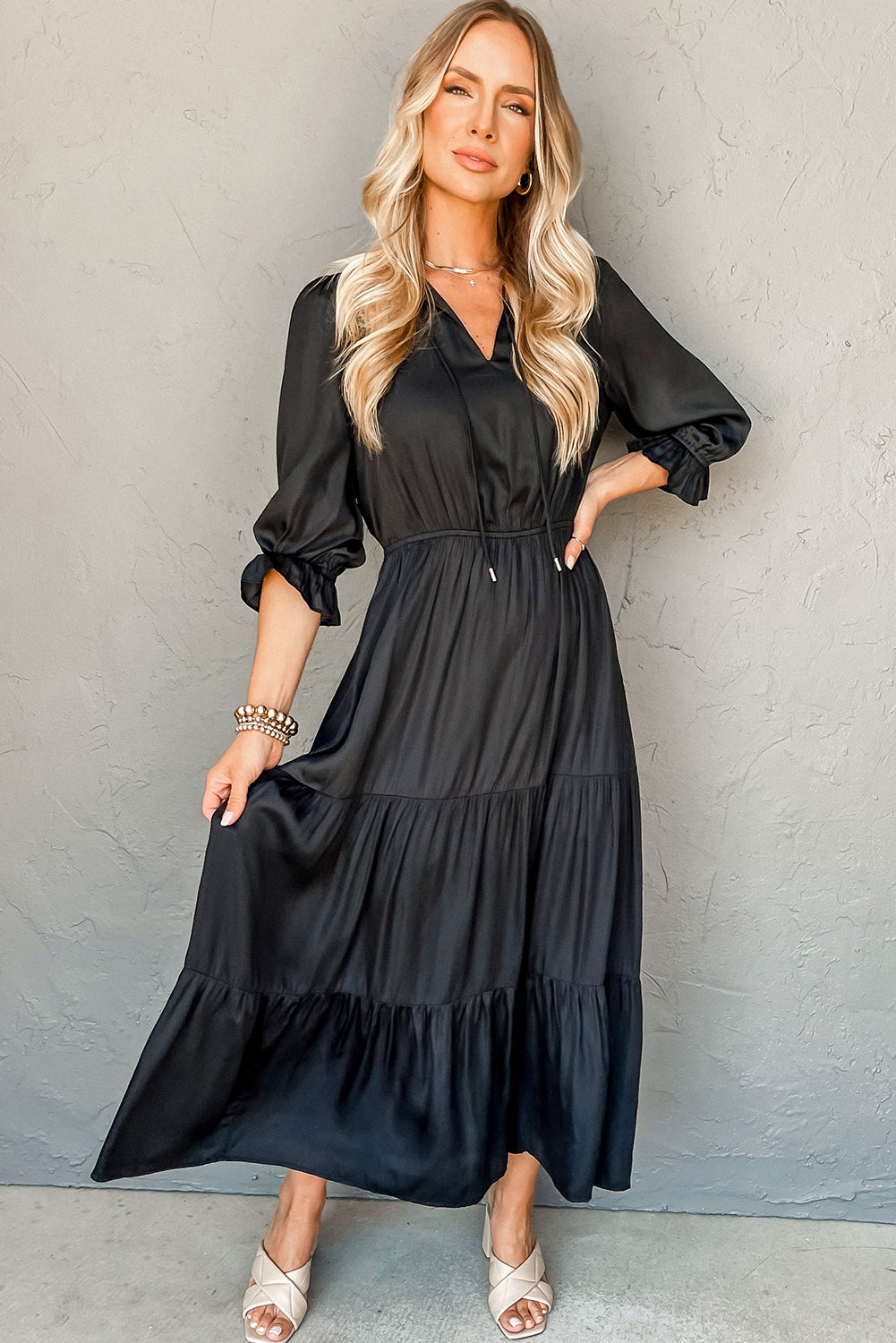 Black Flounce Bracelet Sleeve V Neck Tiered Maxi Dress