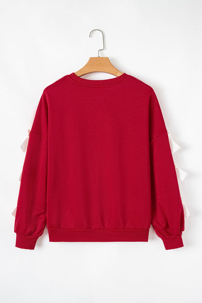 Fiery Red Contrast Bow Decor Dropped Sleeve Crewneck Sweatshirt