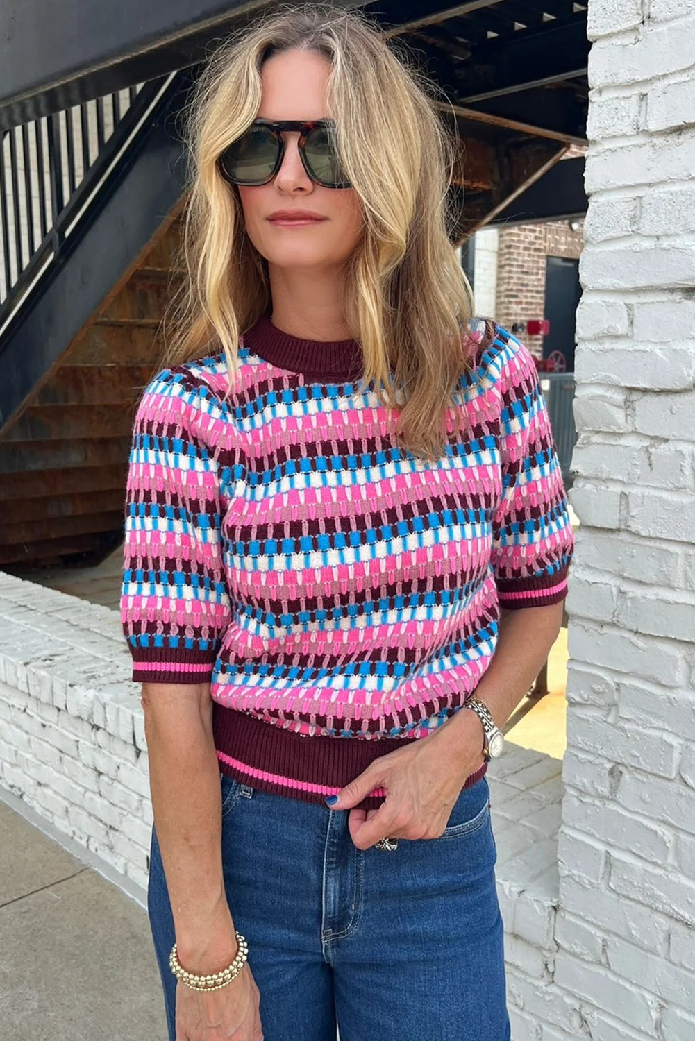 Pink Playful Stripe Knit Short Sleeve Sweater