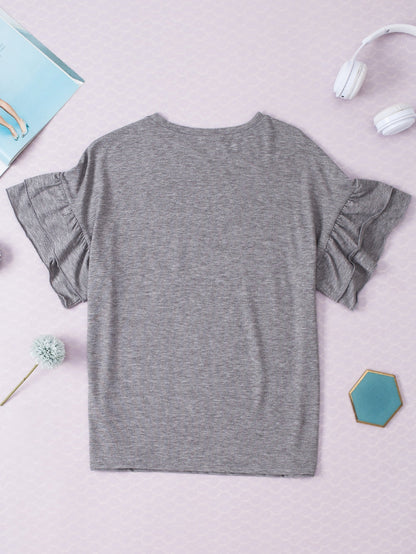 Grey Tiered Ruffle Sleeve Crew Neck Shift Top