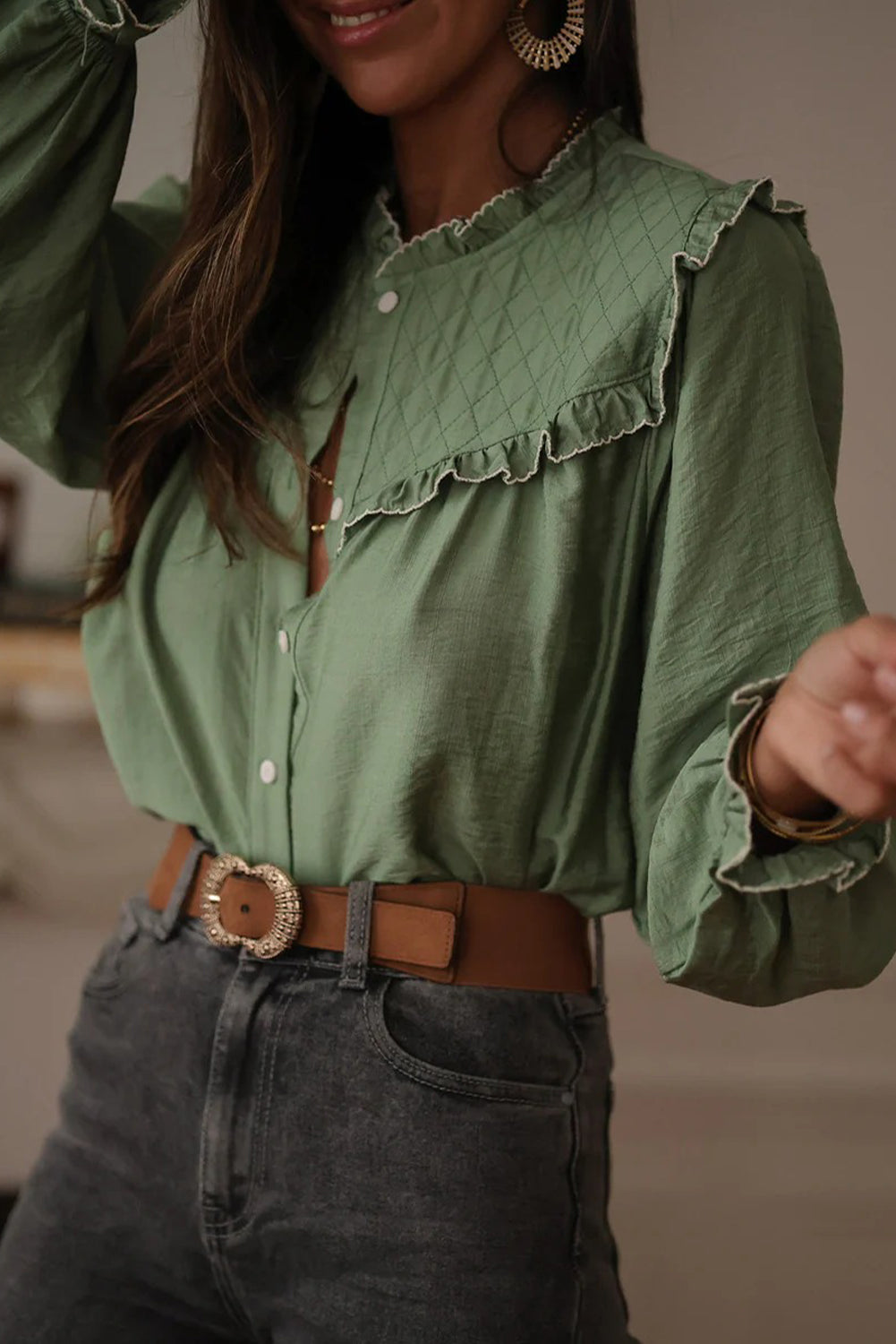Green Bay Embroidered Ruffle Trim Long Sleeve Loose Shirt