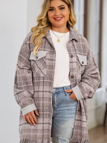 Pink Plus Size Macrame Plaid Coat