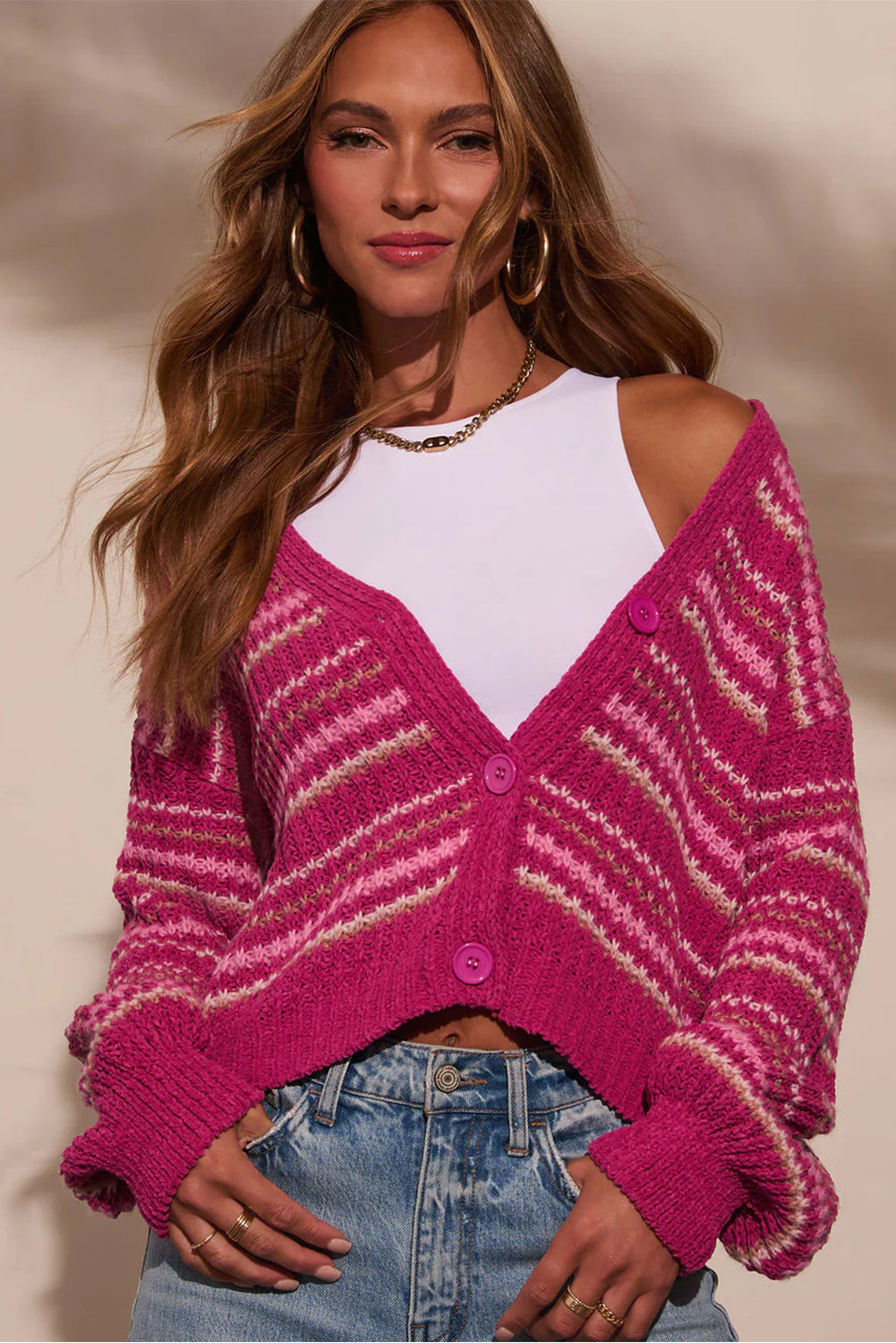 Rose Stripe Button V Neck Drop Shoulder Puff Sleeve Sweater Cardigan