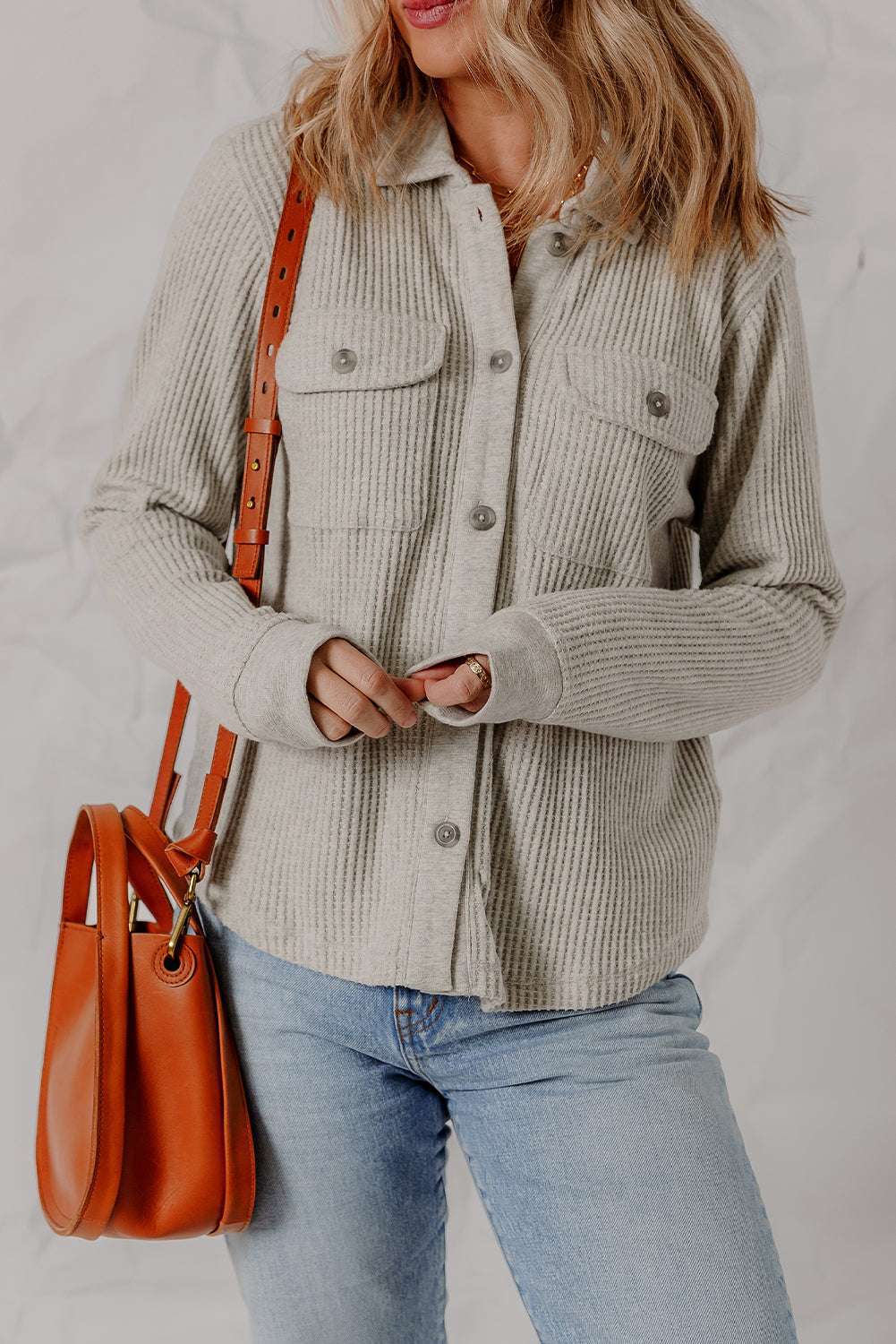 Light Grey Waffle Textured Chest Pocket Chic Shacket