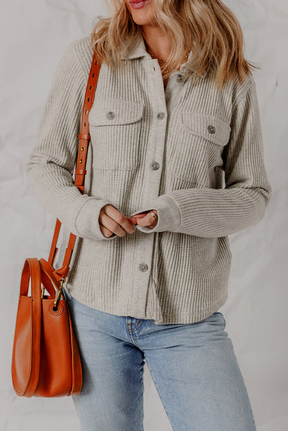 Light Grey Waffle Textured Chest Pocket Chic Shacket