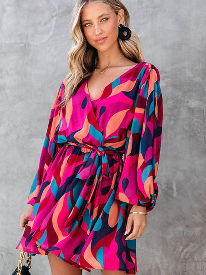 Lapel Print Lace-Up Long Sleeve Dress