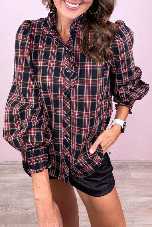 Multicolour Plaid Pattern Frilled Collared Puff Sleeve Shirt