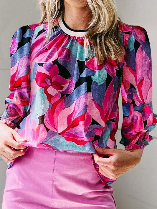Floral Fantasy Ruched Sleeve Multicolor Blouse