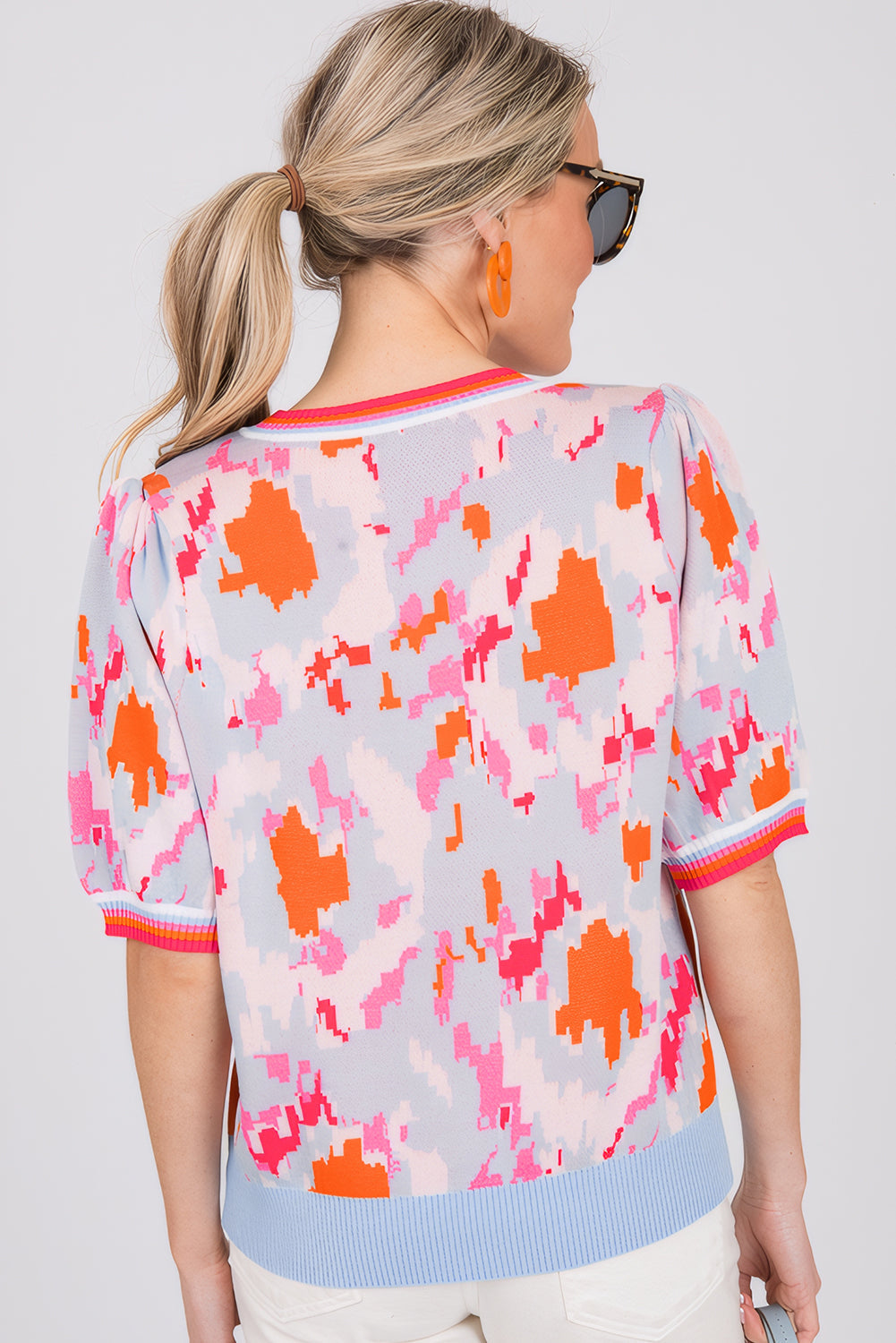 Light Blue Abstract Pattern Knit Contrast Striped Trim Short Sleeve Sweater