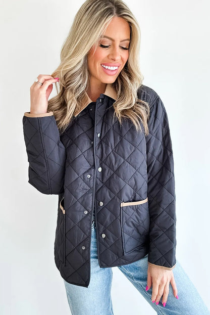Dirty blue Snap Button Quilted Color Block Collar Pocketed Winter Jacket