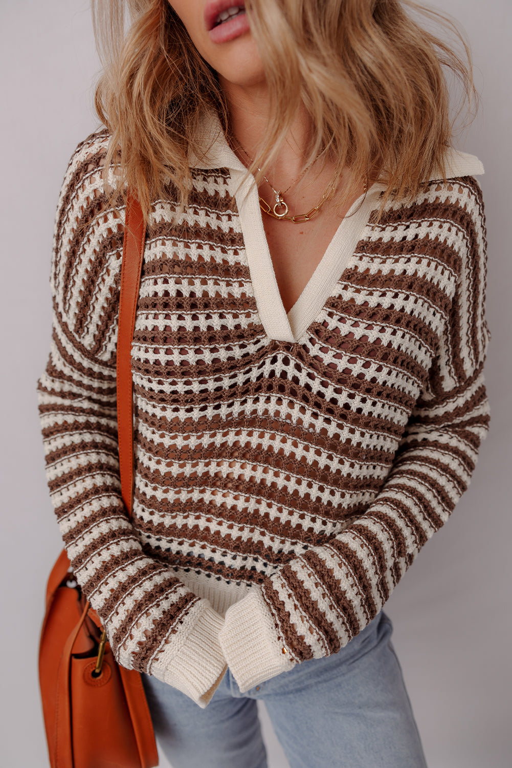 Brown Stripe Eyelet Hollow-out Contrast Collared Pullover Chic Sweater