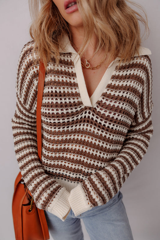 Brown Stripe Eyelet Hollow-out Contrast Collared Pullover Chic Sweater