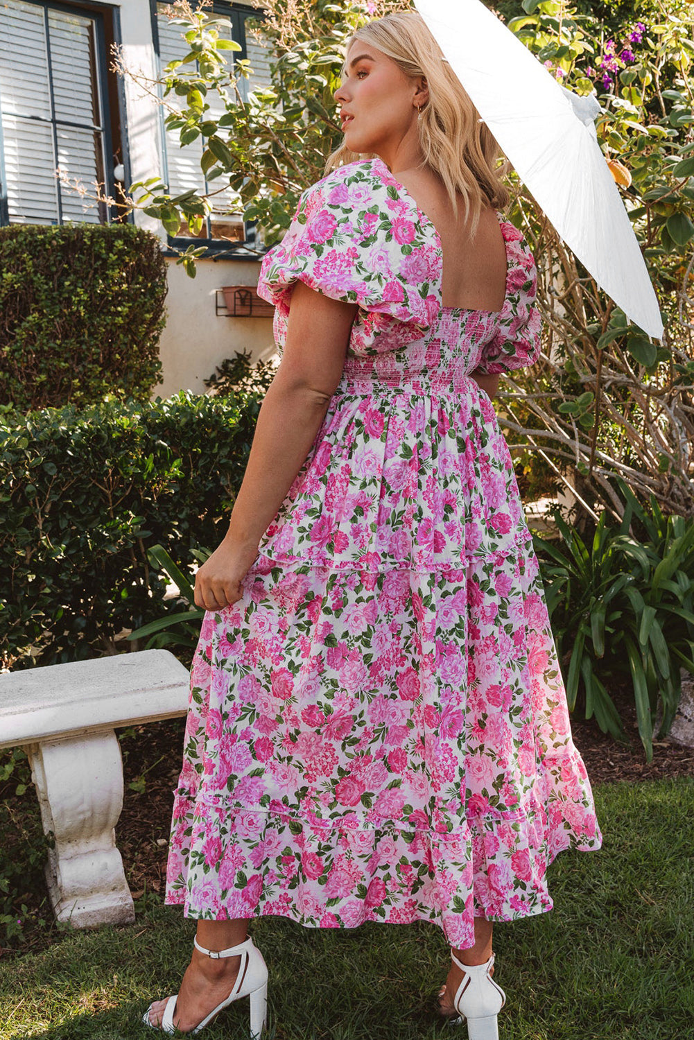 Elegant Pink Floral Smocked Puff Sleeve Maxi Dress